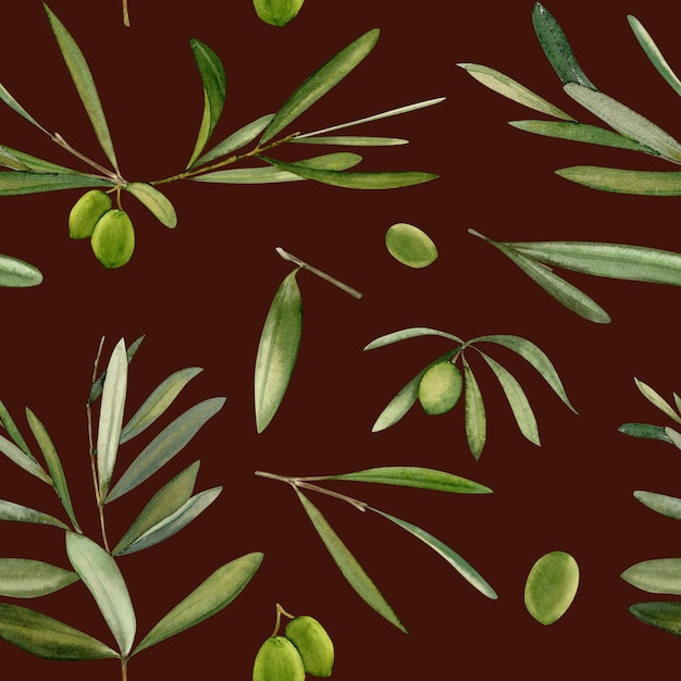 Watercolor hand drawn seamless pattern with olive leaf and olives