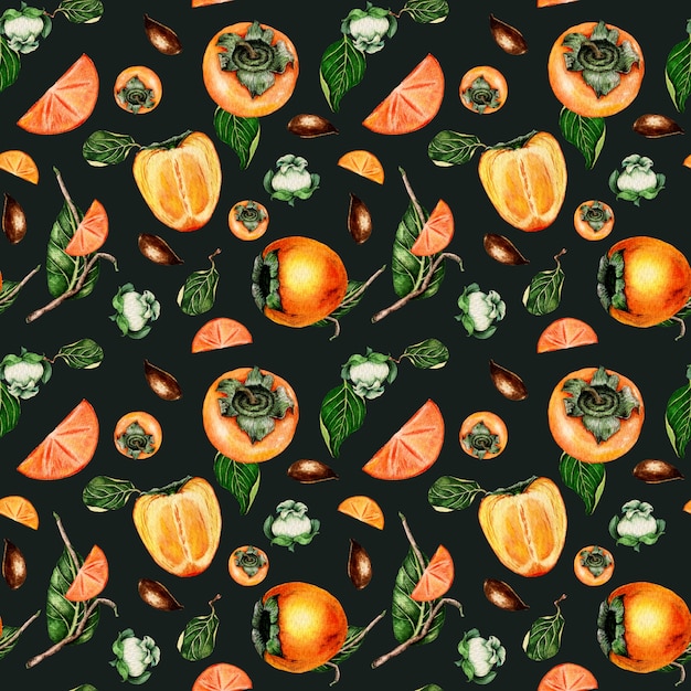 Watercolor hand drawn seamless pattern with persimmon