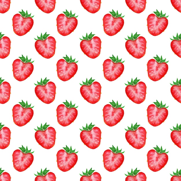 Watercolor hand drawn sketch red strawberry berry slice seamless pattern texture on white background