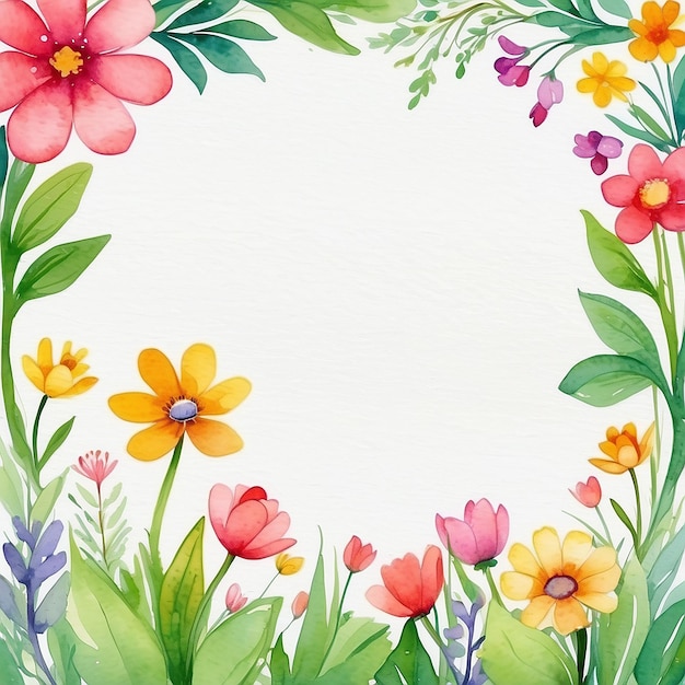 Watercolor hand drawn spring garden full of flowers square frame Watercolor illustration for scrapbooking Cartoon hand drawn background with flower for kids design