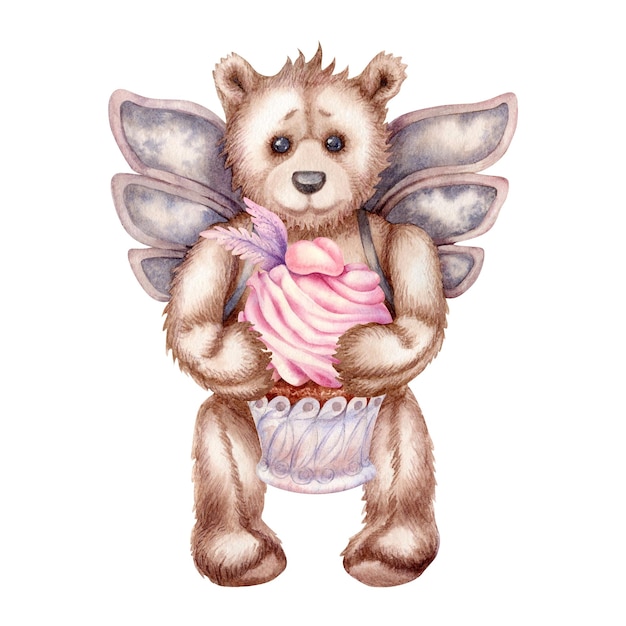 Watercolor hand drawn teddy bear - an angel for Valentine's Day, baby shower, birthday, wedding.