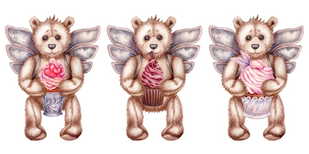 Watercolor hand drawn teddy bear - an angel for Valentine's Day, baby shower, birthday, wedding.