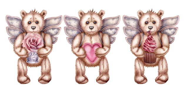 Watercolor hand drawn teddy bears - an angel for Valentine's Day, birthday, wedding