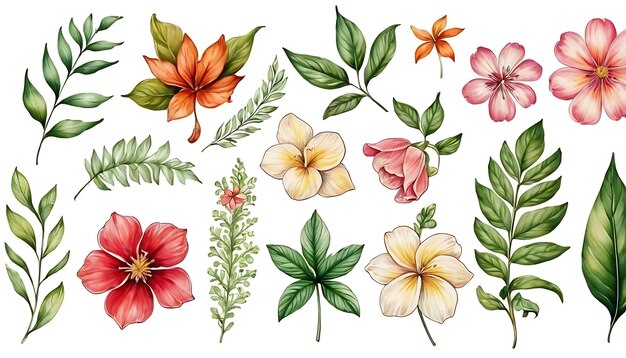 Photo watercolor hand drawn tropical plants collection of leaves and flowers on white background