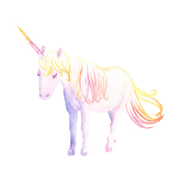 Watercolor hand painted beautiful unicorn standing relaxed