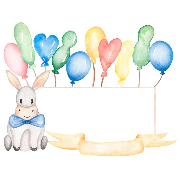 Watercolor hand painted cute donkey and balloons with yellow ribbon frame on white background