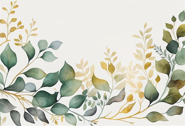 Watercolor hand painted floral background with green leaves and branches Illustration generative ai