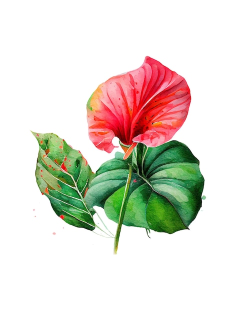 Watercolor hand painted floral composition of tropical green palm leaves pink flowers anthurium