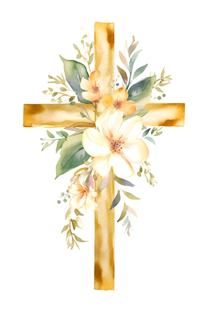 Watercolor hand painted greenery flowers around religious cross Holy Spirit clipart paint art illustration Generative Ai