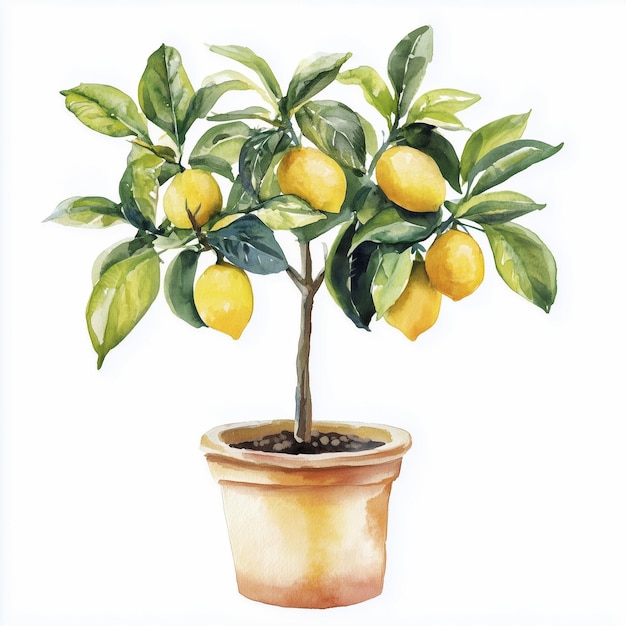 Photo watercolor hand painted lemon tree with yellow fruit in the pot isolated