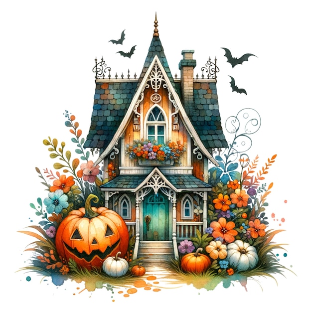 watercolor of Hand painted rustic Halloween House Hand painted rustic isolated on white background