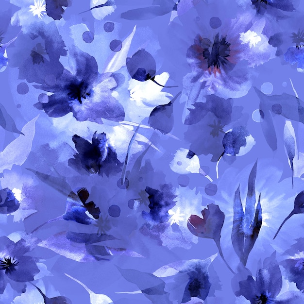 Watercolor hand painted seamless pattern with blue flowers