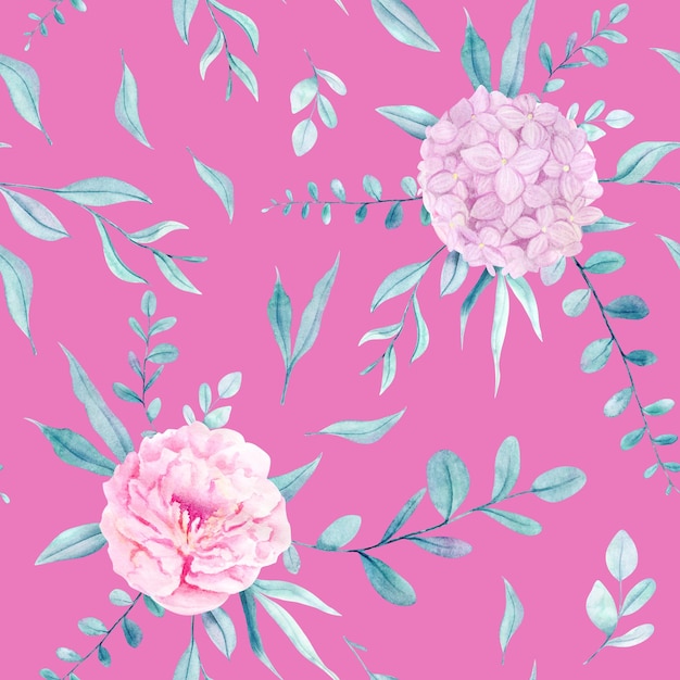 Watercolor hand painted seamless pattern with pink flowers hydrangea and peony