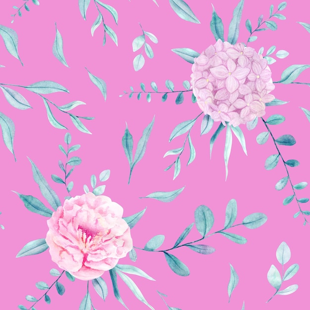 Watercolor hand painted seamless pattern with pink flowers hydrangea and peony