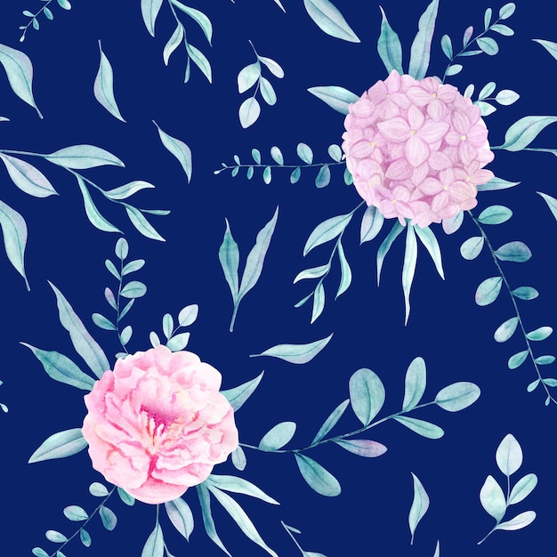 Watercolor hand painted seamless pattern with pink flowers hydrangea and peony