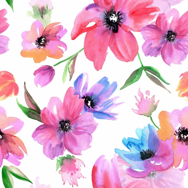 Watercolor hand painted seamless pattern with pink flowers on a white background