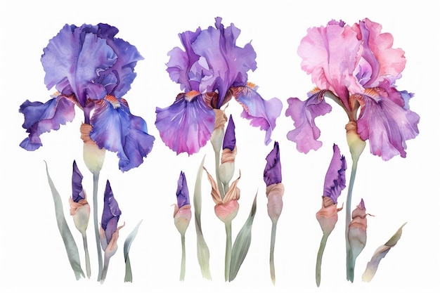 Watercolor hanging purple and pink iris flowers on white background elegant and delicate botanical design Generative ai