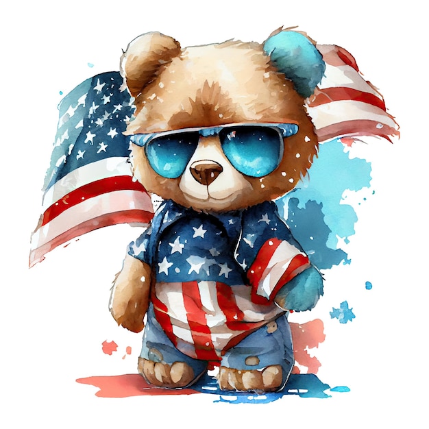 Watercolor happy cute patriotic bear with American flag print 4th of july Independence Day USA