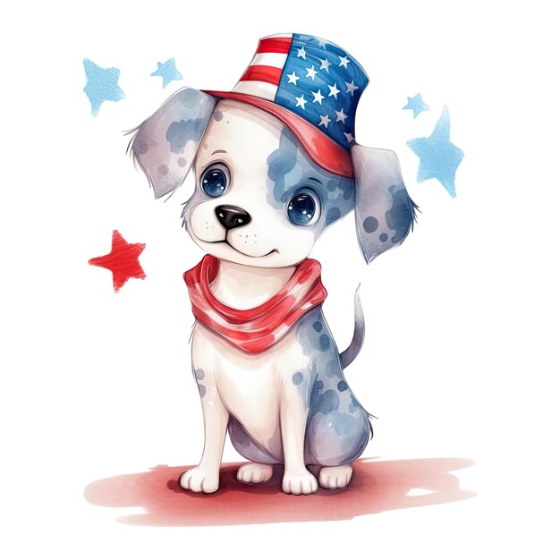 Watercolor happy cute patriotic dog puppy with American flag print 4th of july Independence Day USA