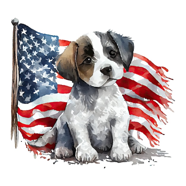 Watercolor happy cute patriotic dog puppy with American flag print Fourth 4th of july Independence Day USA isolated