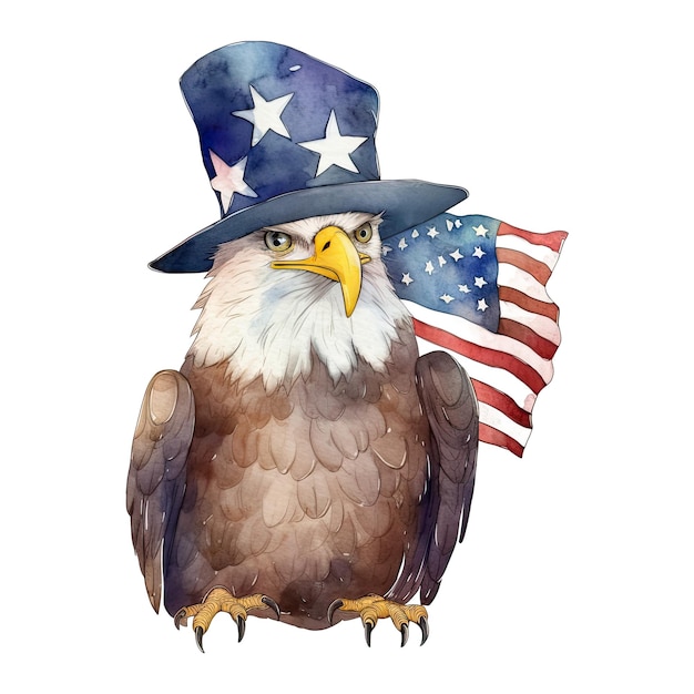 Watercolor happy cute patriotic eagle with American flag print 4th of july Independence Day USA