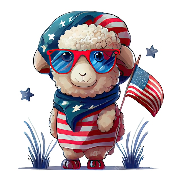 Watercolor happy cute patriotic sheep with American flag print 4th of july Independence Day USA