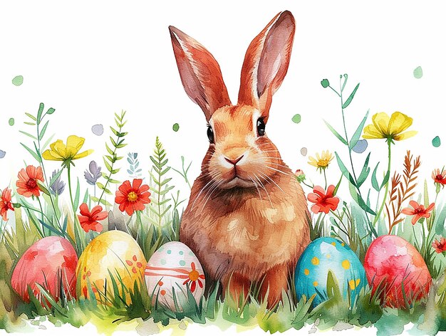 Watercolor happy easter clipart rabbits flowers eggs white isolated background white background