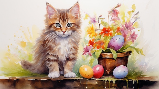 A watercolor happy eastern with cats