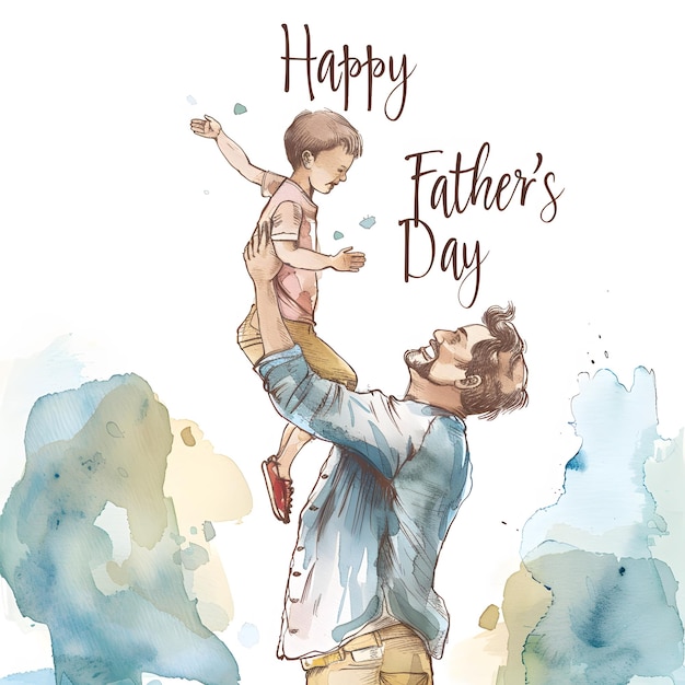 Watercolor happy father playing with his son