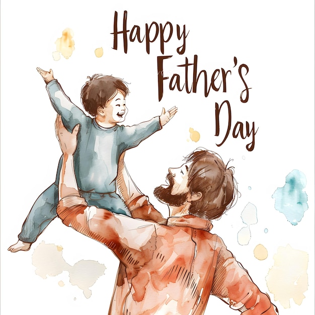 Watercolor happy father playing with his son