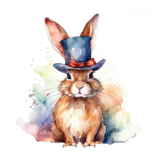 Watercolor hare in a hat in the circus