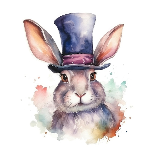 Watercolor hare in a hat in the circus