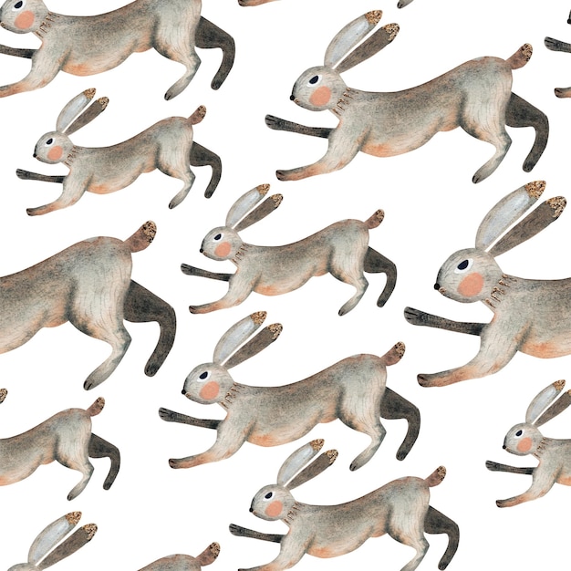 Watercolor hares on a white background Seamless pattern