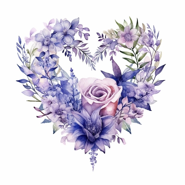 A watercolor heart with a blue and pink roses.