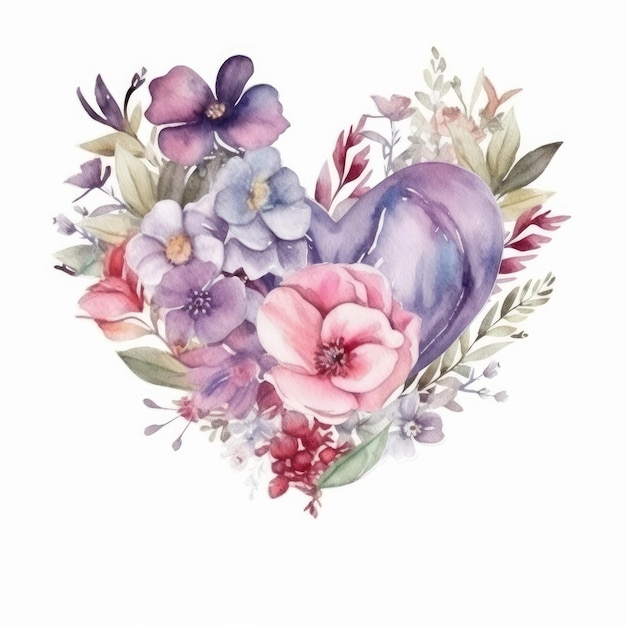 Watercolor heart with flowers Illustration AI GenerativexA