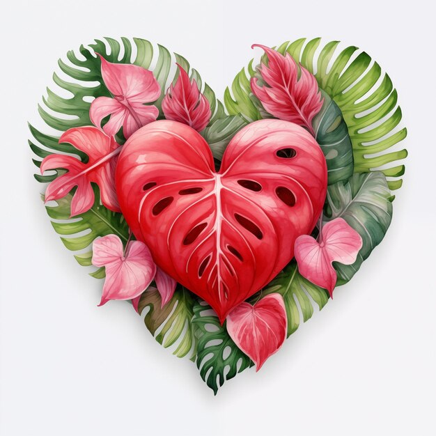 Photo watercolor heart with pink leaves on white background illustration