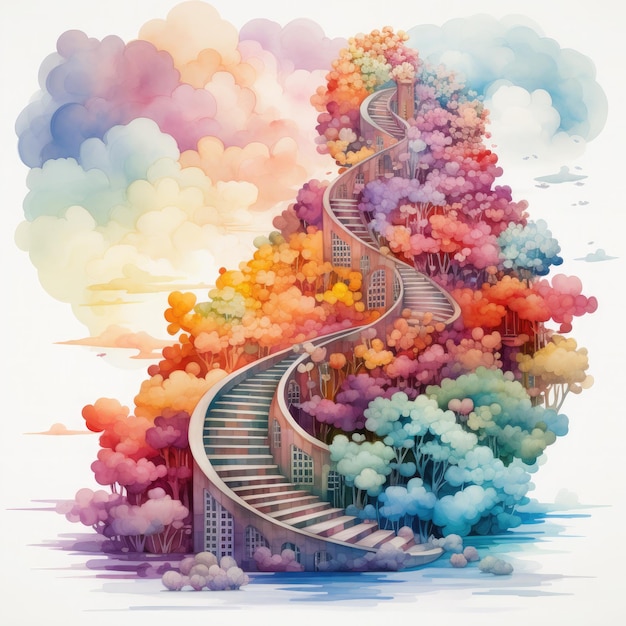 Watercolor Heaven Stairs Illustration Generative Ai