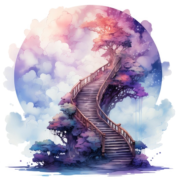 Watercolor Heaven Stairs Illustration Generative Ai