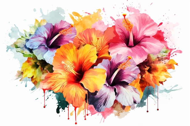 Watercolor Hibiscus Flowers Painting Art Ai generative