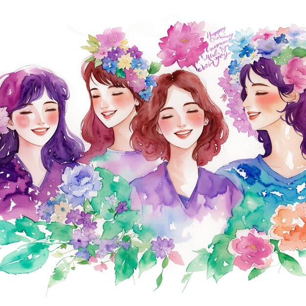 Watercolor High Large group friendship smiling with happiness Portrait fun time by AI generated