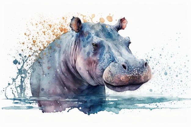 Watercolor hippo illustration white backgroundGenerative AI