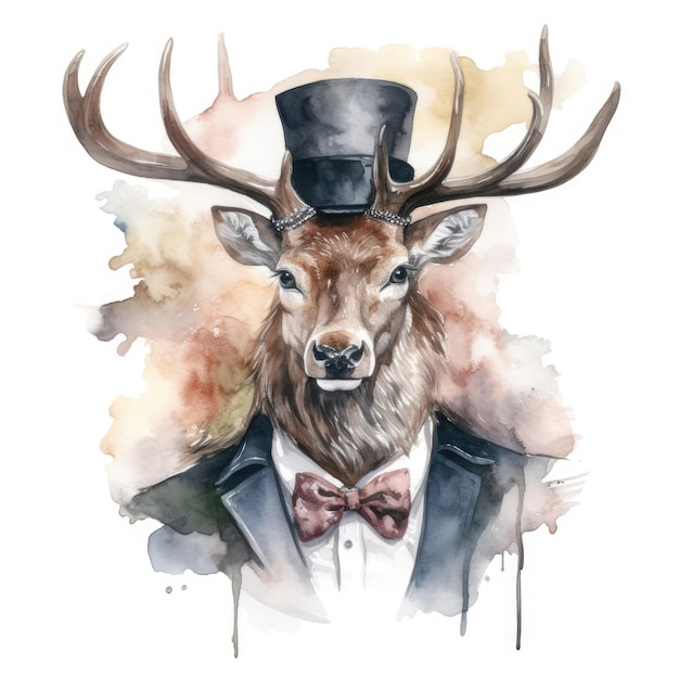 Watercolor hipster deer in a suit and hat