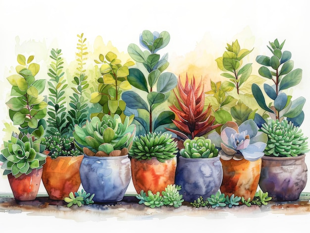 Watercolor home potted plants design indoor potted flowers