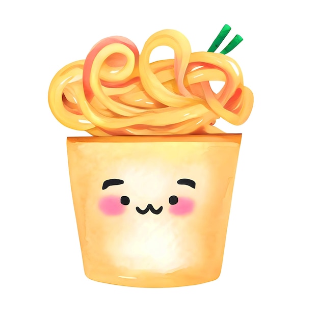 Watercolor Homemade delicious cute noodle in white bowl cartoon for food illustration