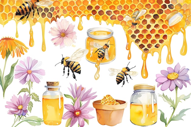 watercolor honey beehive and flowers clipart collection