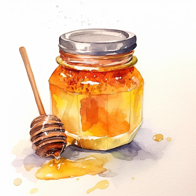 Watercolor honey jar with spoon Illustration AI GenerativexA