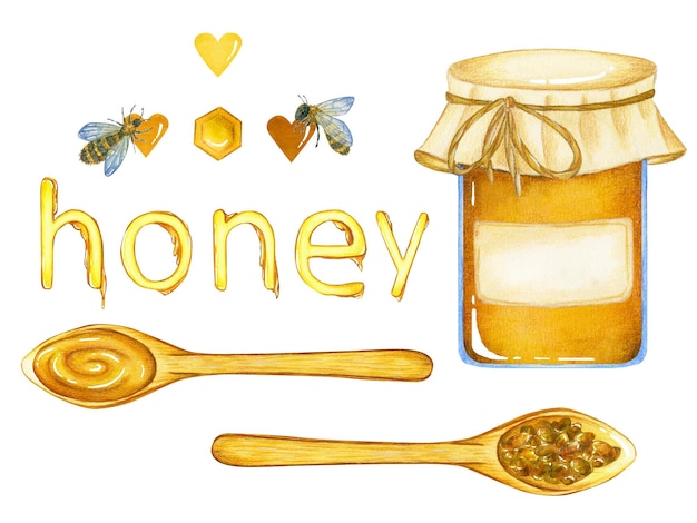 Photo watercolor honeycomb with a jar of honey spoons pollen word honeycomb