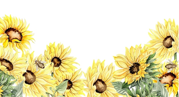 Watercolor horizontal seamless background with sunflowers