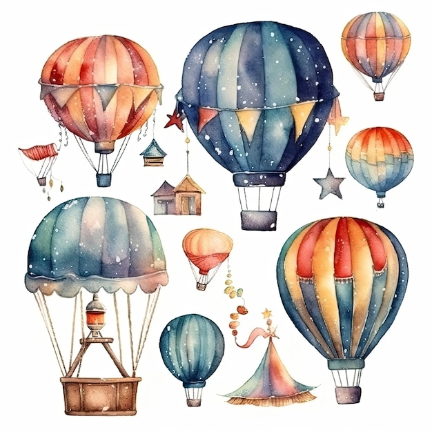 Watercolor hot air balloons with a star and a tent.