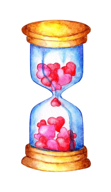 Watercolor hourglass with pink and red hearts instead of sand illustration